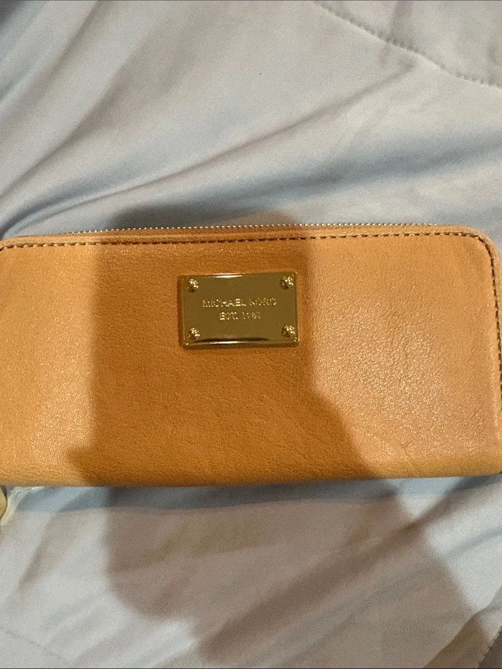 Michael Kors Camel Leather Zip Card Holder with Gold Plaque